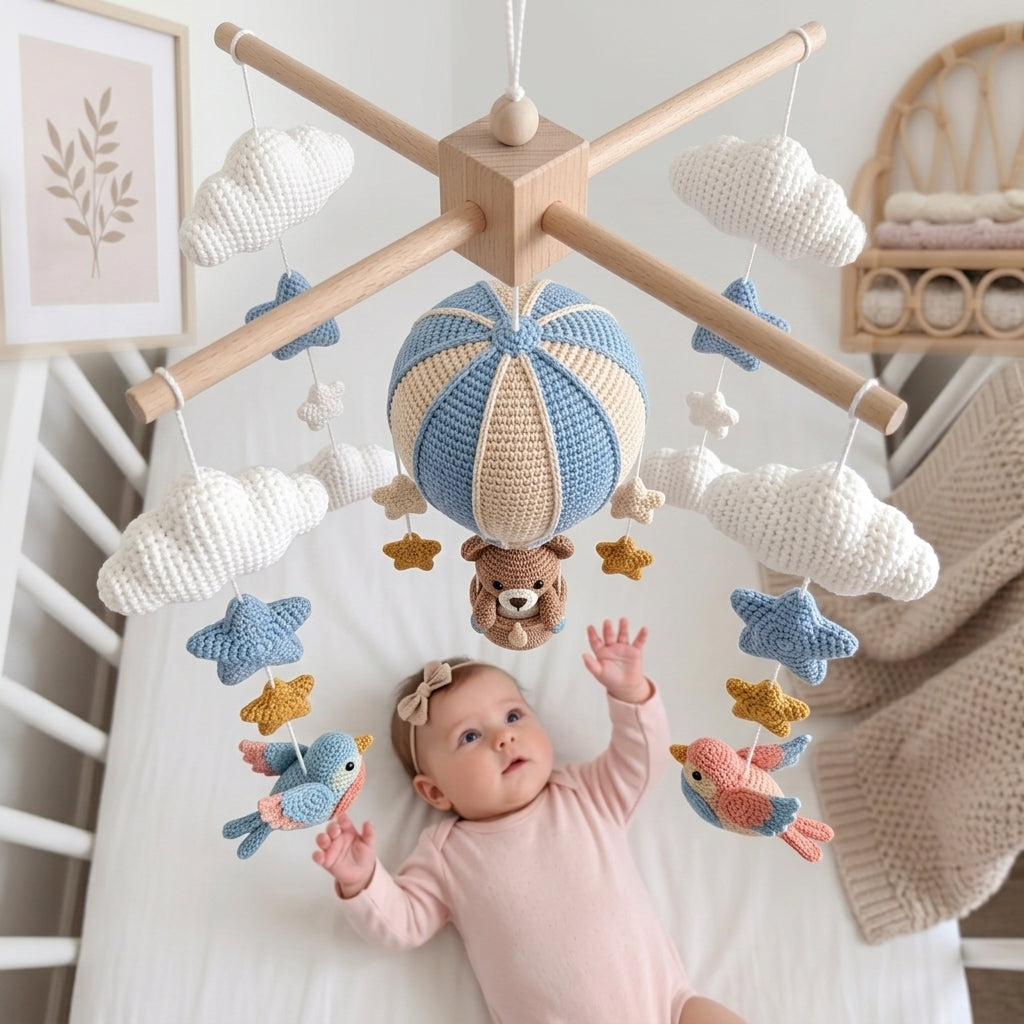 Crochet Teddy Bear Hot Air Balloon Baby Mobile, Cloud Star Bird Crib Decor, Adventure Nursery Hanging, Baby Shower Gift for Boy or Girl