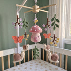 Crochet Mushroom Baby Mobile, Snail Butterfly Floral Crib Decor, Enchanted Garden Nursery, Handmade Baby Shower Gift for Baby Girl