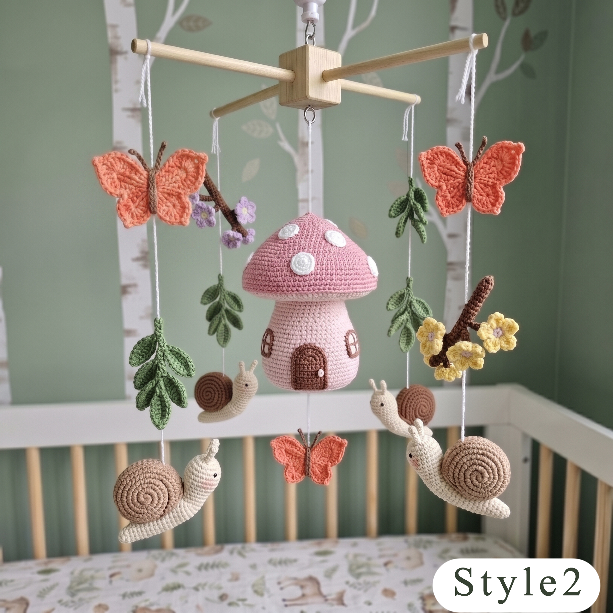 Crochet Mushroom Baby Mobile, Snail Butterfly Floral Crib Decor, Enchanted Garden Nursery, Handmade Baby Shower Gift for Baby Girl
