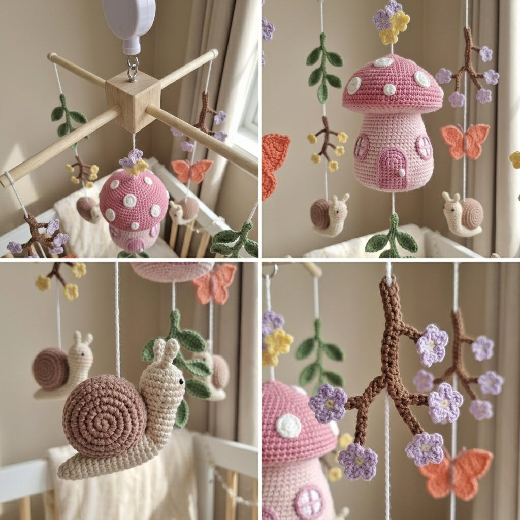 Crochet Mushroom Baby Mobile, Snail Butterfly Floral Crib Decor, Enchanted Garden Nursery, Handmade Baby Shower Gift for Baby Girl