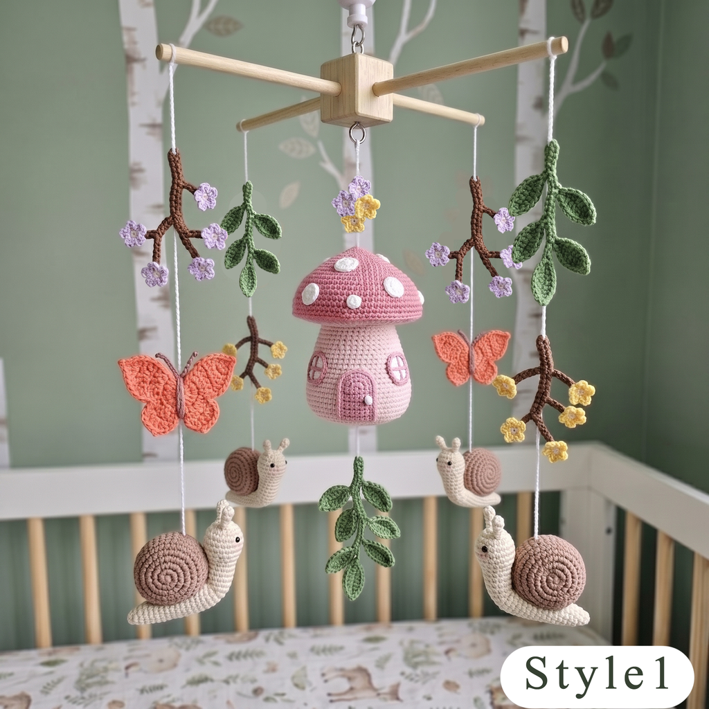 Crochet Mushroom Baby Mobile, Snail Butterfly Floral Crib Decor, Enchanted Garden Nursery, Handmade Baby Shower Gift for Baby Girl