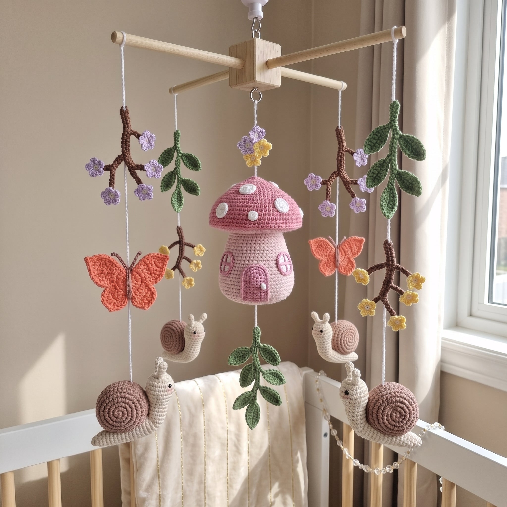 Crochet Mushroom Baby Mobile, Snail Butterfly Floral Crib Decor, Enchanted Garden Nursery, Handmade Baby Shower Gift for Baby Girl