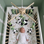 Crochet Panda Baby Mobile, Bamboo Leaf Crib Decor, Woodland Nursery Hanging, Handmade Baby Shower Gift for Boy or Girl Nursery Room Decor