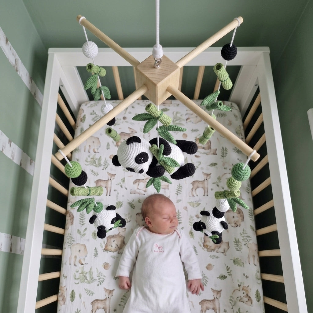 Crochet Panda Baby Mobile, Bamboo Leaf Crib Decor, Woodland Nursery Hanging, Handmade Baby Shower Gift for Boy or Girl Nursery Room Decor