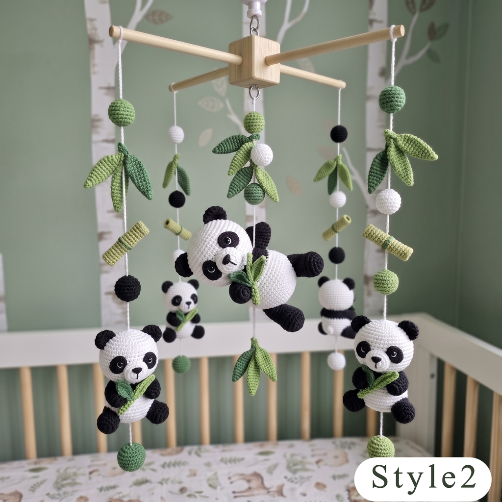 Crochet Panda Baby Mobile, Bamboo Leaf Crib Decor, Woodland Nursery Hanging, Handmade Baby Shower Gift for Boy or Girl Nursery Room Decor