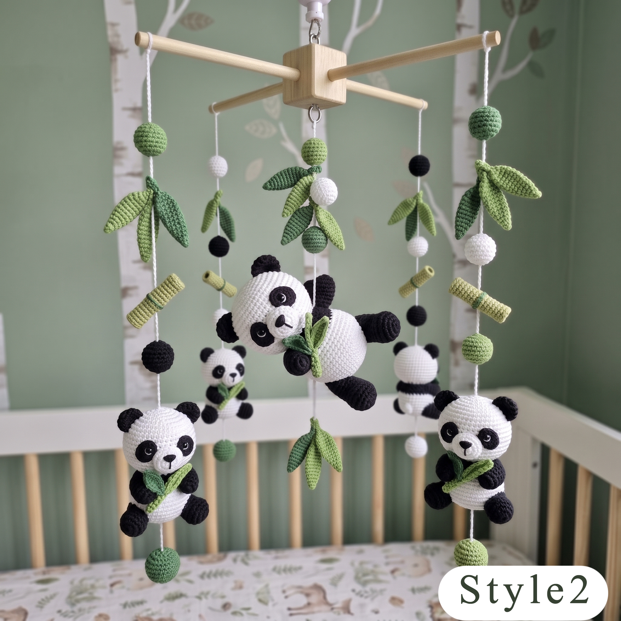 Crochet Panda Baby Mobile, Bamboo Leaf Crib Decor, Woodland Nursery Hanging, Handmade Baby Shower Gift for Boy or Girl Nursery Room Decor