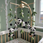 Crochet Panda Baby Mobile, Bamboo Leaf Crib Decor, Woodland Nursery Hanging, Handmade Baby Shower Gift for Boy or Girl Nursery Room Decor