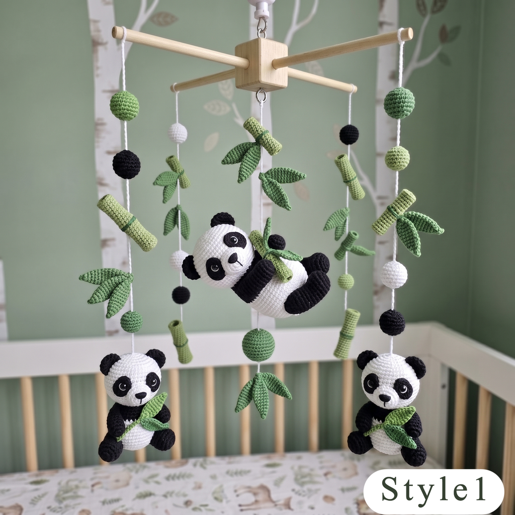 Crochet Panda Baby Mobile, Bamboo Leaf Crib Decor, Woodland Nursery Hanging, Handmade Baby Shower Gift for Boy or Girl Nursery Room Decor