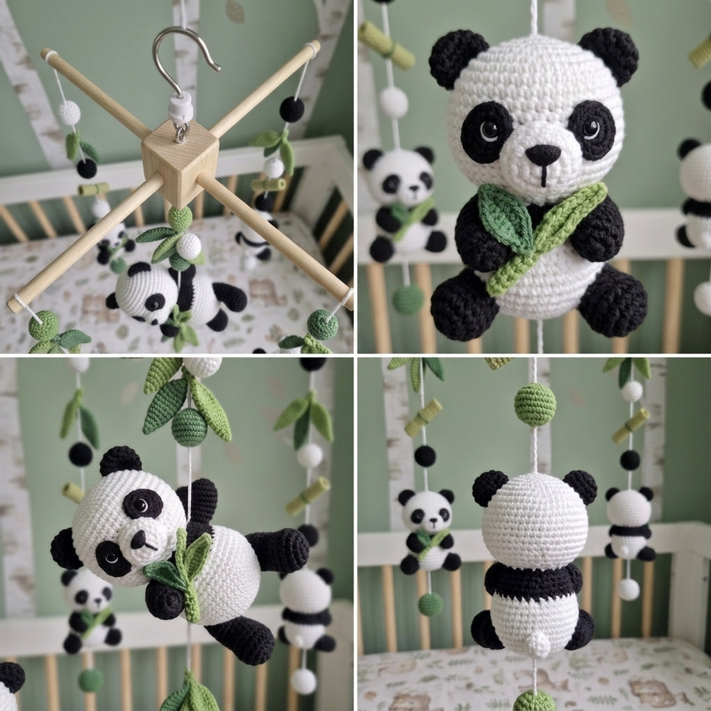 Crochet Panda Baby Mobile, Bamboo Leaf Crib Decor, Woodland Nursery Hanging, Handmade Baby Shower Gift for Boy or Girl Nursery Room Decor