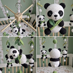 Crochet Panda Baby Mobile, Bamboo Leaf Crib Decor, Woodland Nursery Hanging, Handmade Baby Shower Gift for Boy or Girl Nursery Room Decor