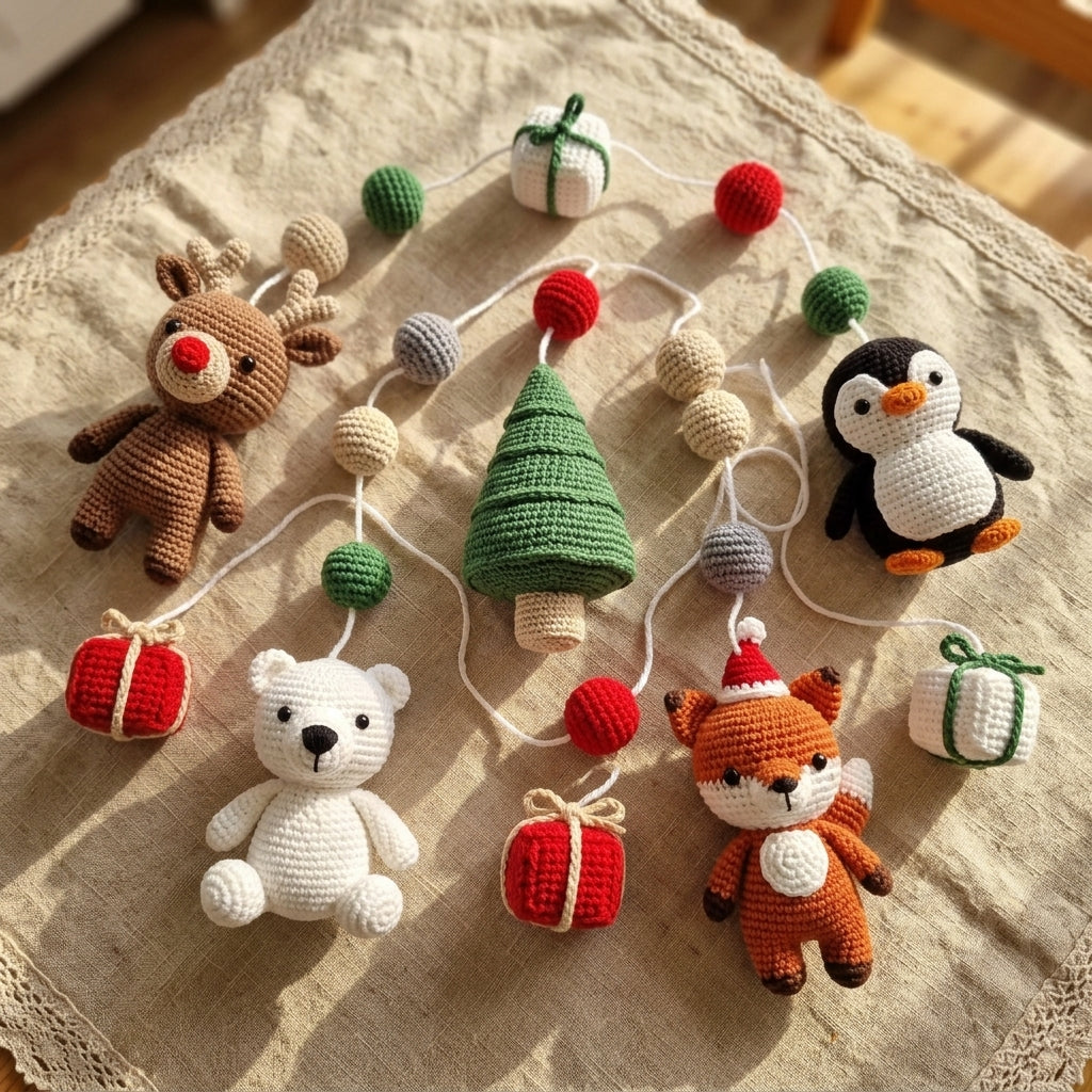 A collection of handmade crocheted Christmas-themed plush toys and ornaments arranged on a beige fabric surface. The set includes a brown reindeer, a green Christmas tree, a white polar bear, an orange fox, a black and white penguin, a white gift box, and red and green pom-pom beads.