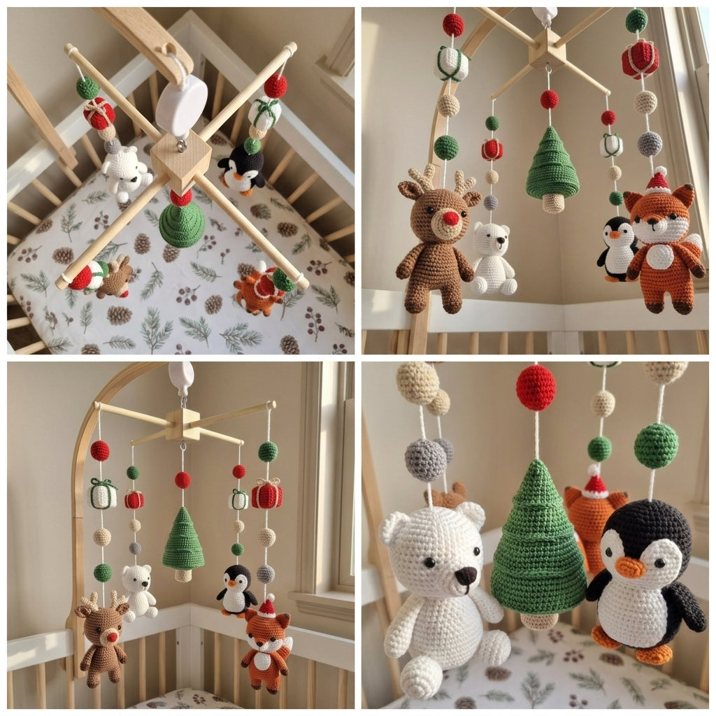 A four-panel collage showing a wooden baby crib mobile with hanging crocheted toys, including a white bear, penguin, fox, reindeer, Christmas tree, ornaments, and pom-pom garlands, displayed inside a crib.
