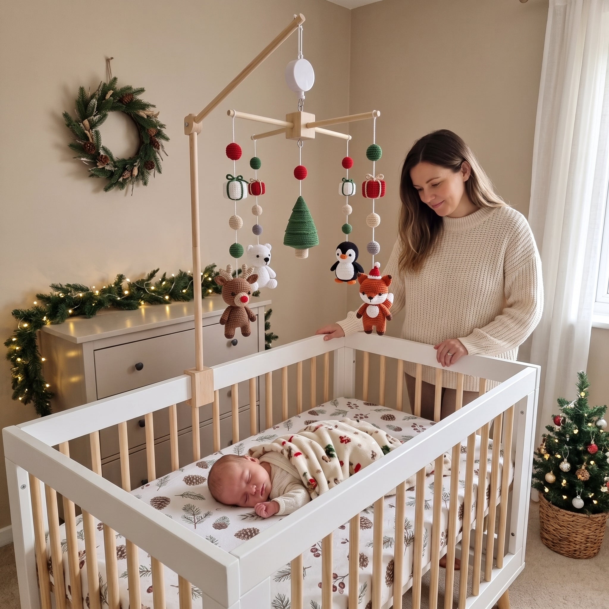 A baby crib with a wooden mobile and canopy in a decorated nursery, with a sleeping baby inside and a woman standing beside the crib.