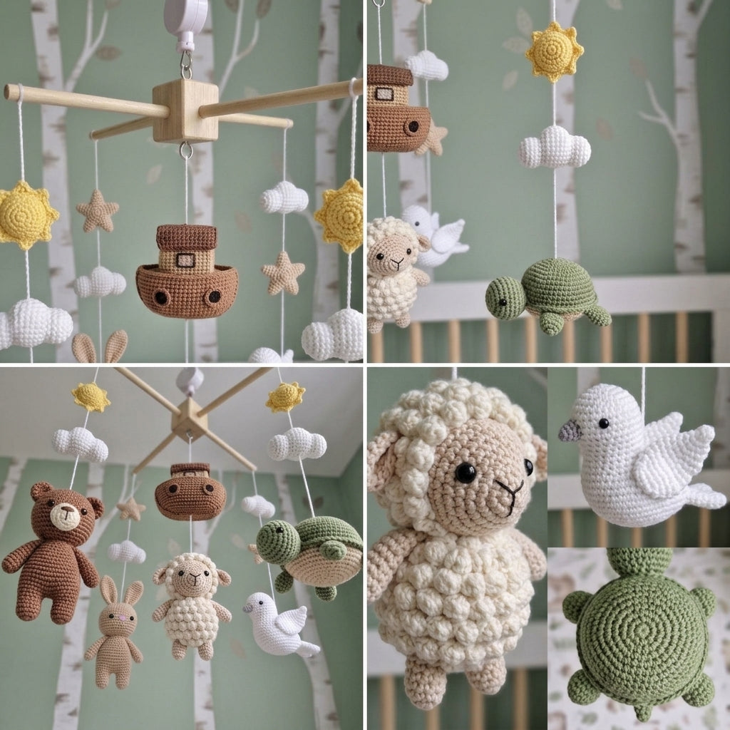 Storybook Ark Crochet Baby Mobile, Handmade Nursery Crib Hanging with Bear, Bunny, Sheep, Dove and Turtle