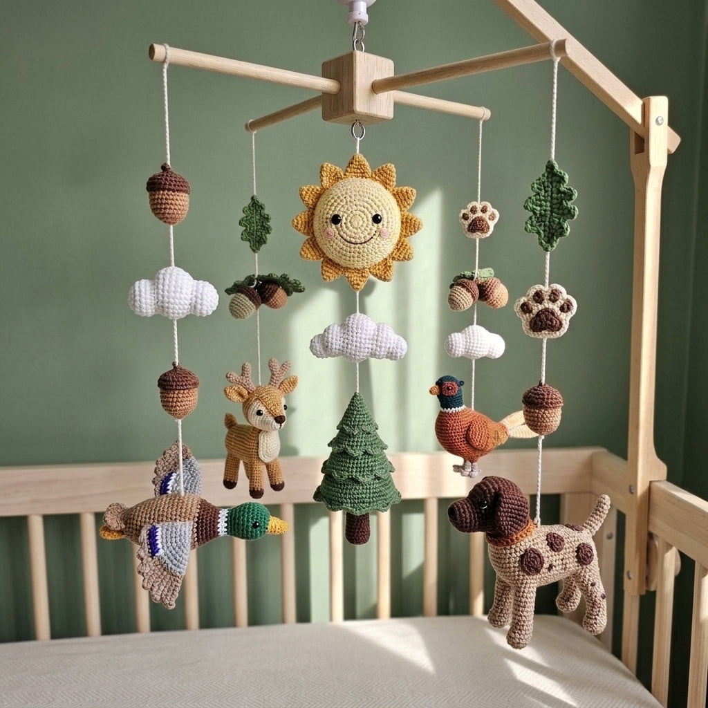 Hunting Crochet Baby Mobile, Handmade Woodland Crib Decor with Deer, Duck, Pheasant and Dog