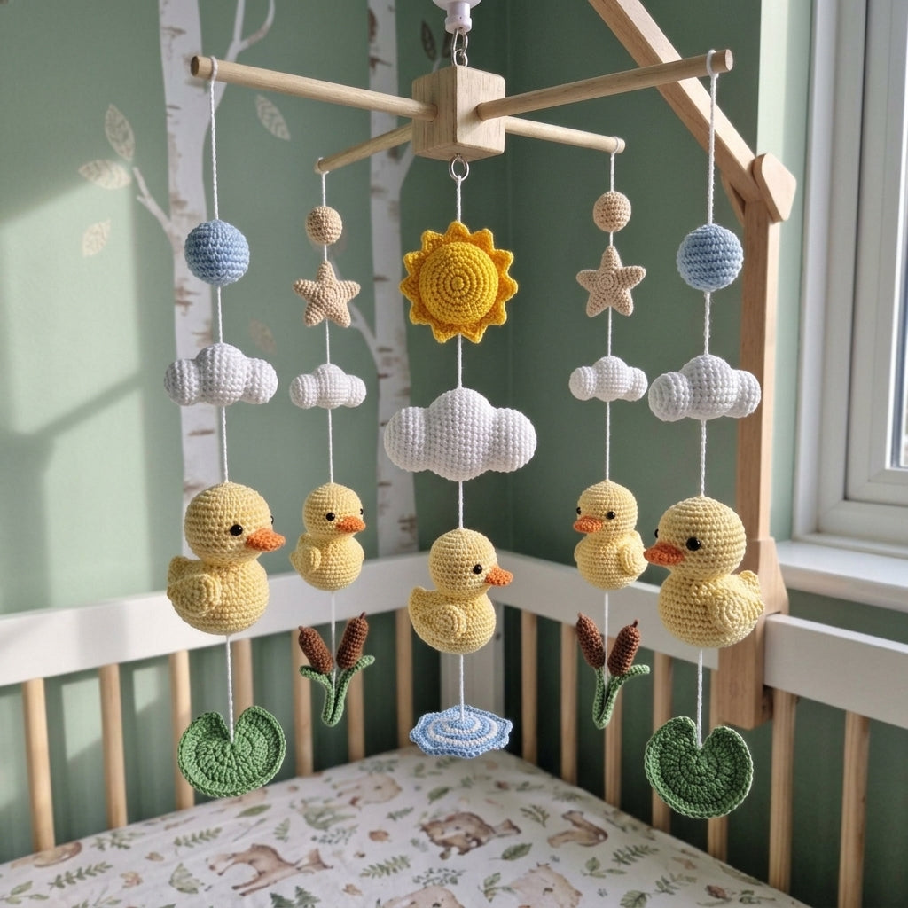 Duck Bond Crochet Baby Mobile, Handmade Pond Crib Hanging with Ducklings, Cattails, Lily Pads and Sunshine