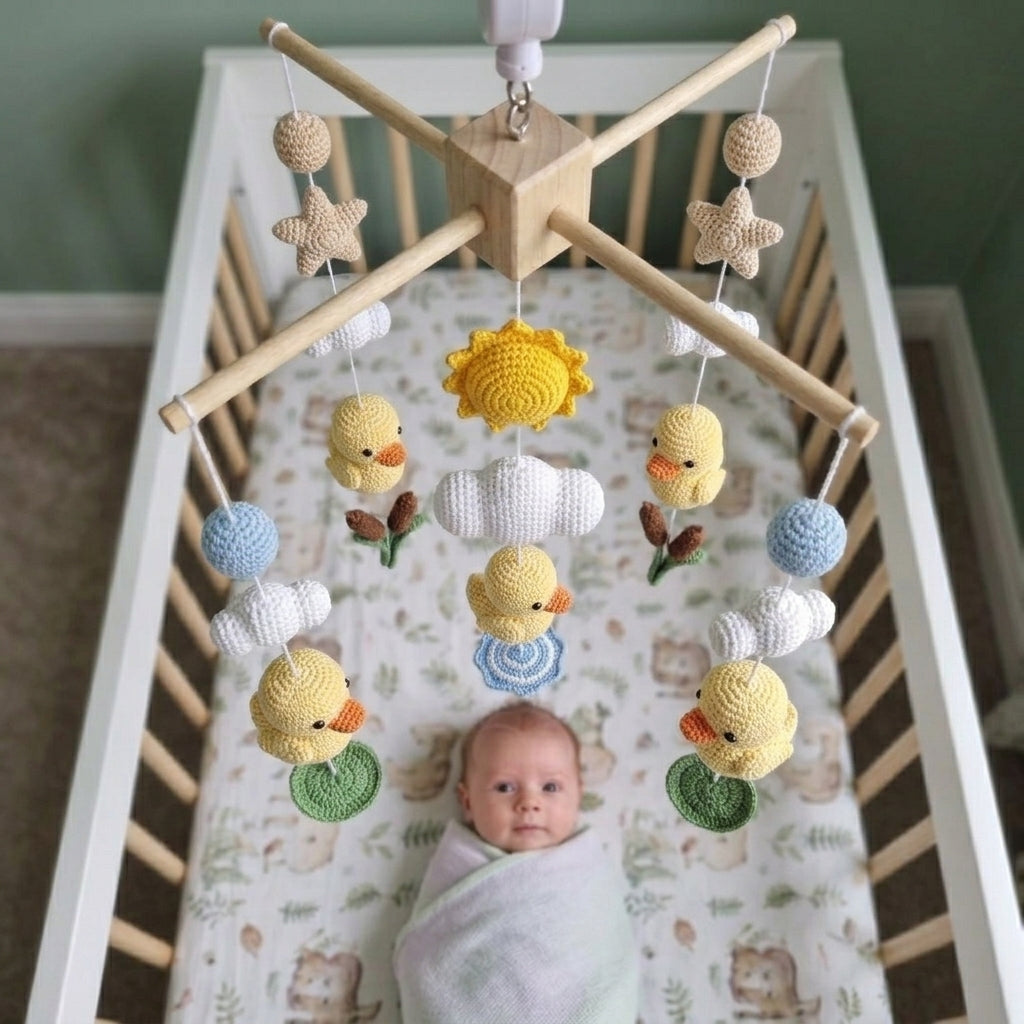 Duck Bond Crochet Baby Mobile, Handmade Pond Crib Hanging with Ducklings, Cattails, Lily Pads and Sunshine