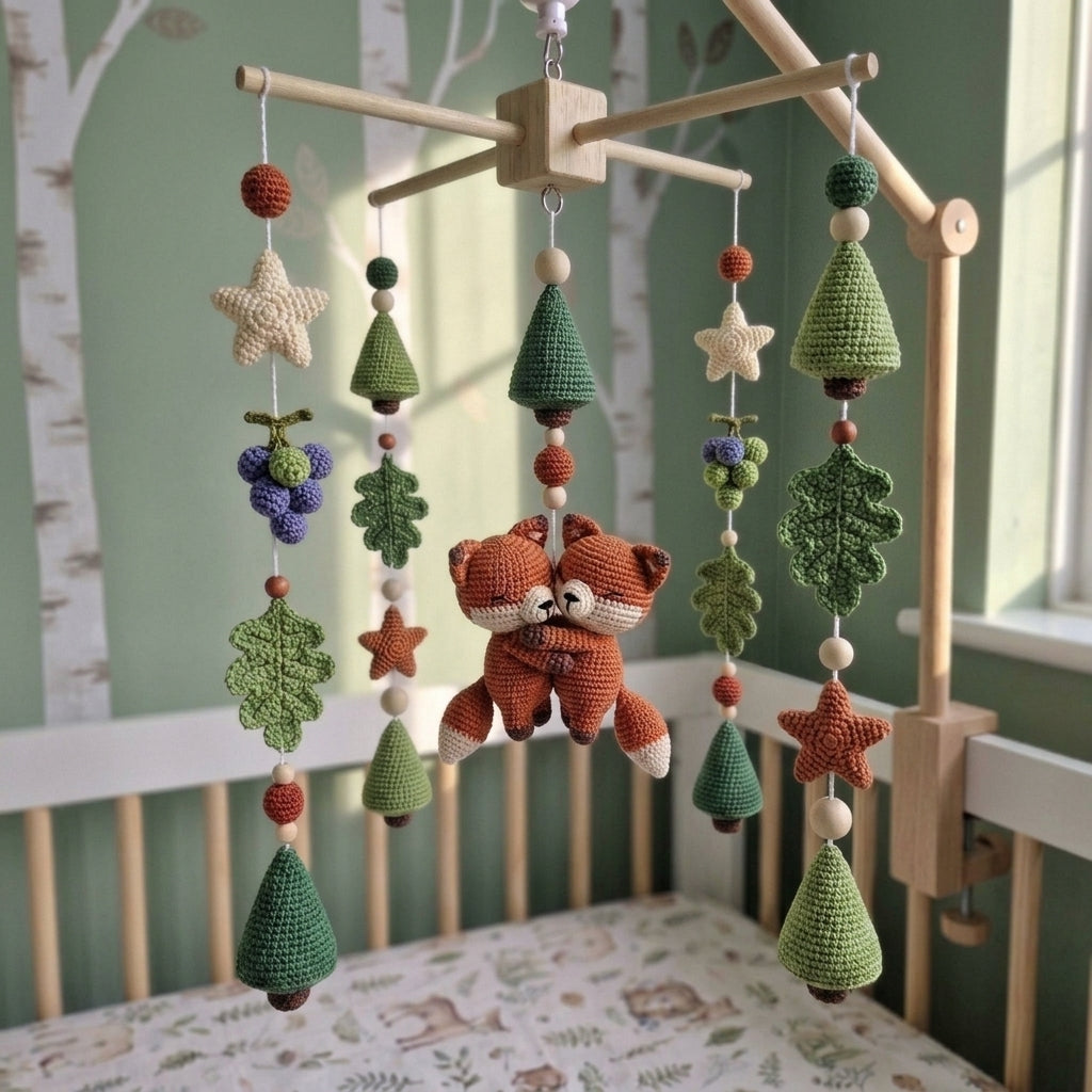 Cuddling Foxes Crochet Baby Mobile, Handmade Woodland Crib Hanging with Pine Trees, Oak Leaves and Berries