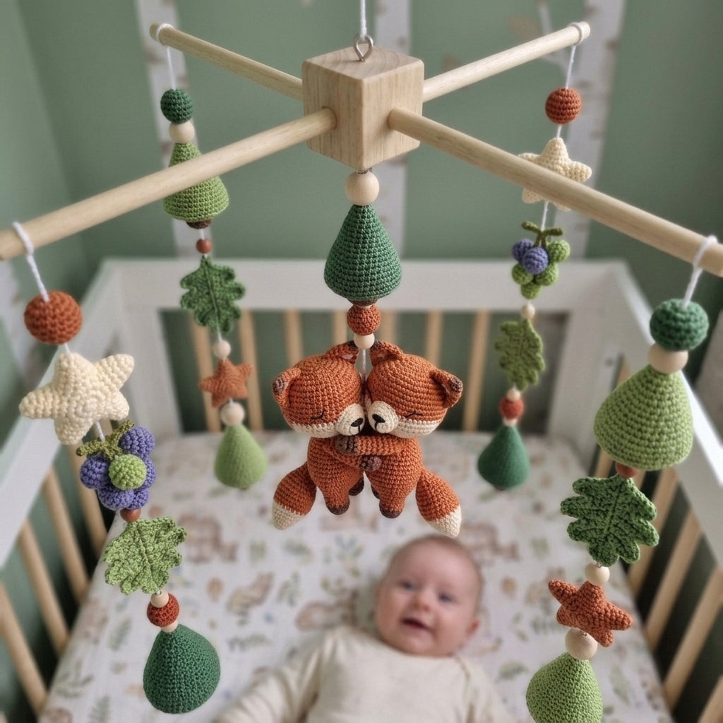 Cuddling Foxes Crochet Baby Mobile, Handmade Woodland Crib Hanging with Pine Trees, Oak Leaves and Berries