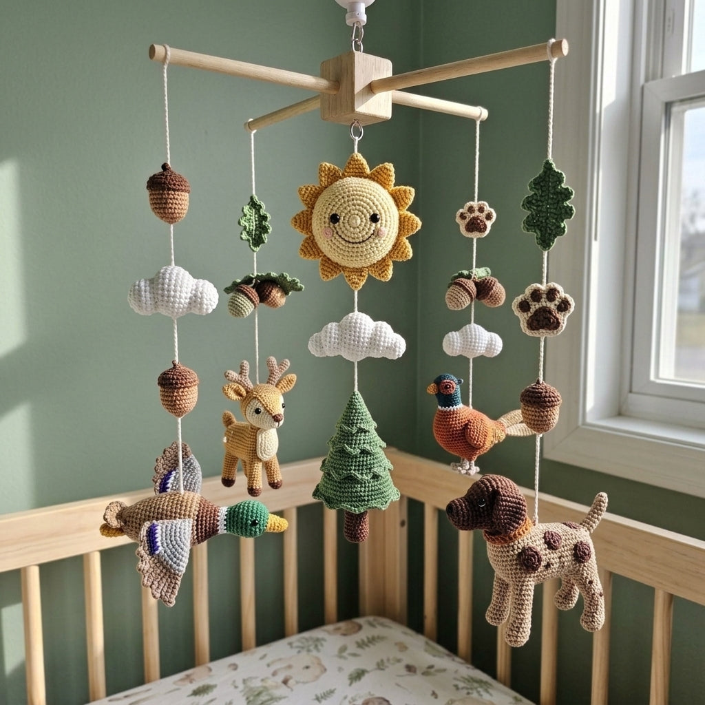 Hunting Crochet Baby Mobile, Handmade Woodland Crib Decor with Deer, Duck, Pheasant and Dog