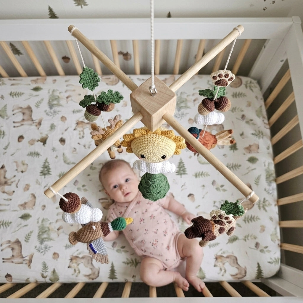 Hunting Crochet Baby Mobile, Handmade Woodland Crib Decor with Deer, Duck, Pheasant and Dog