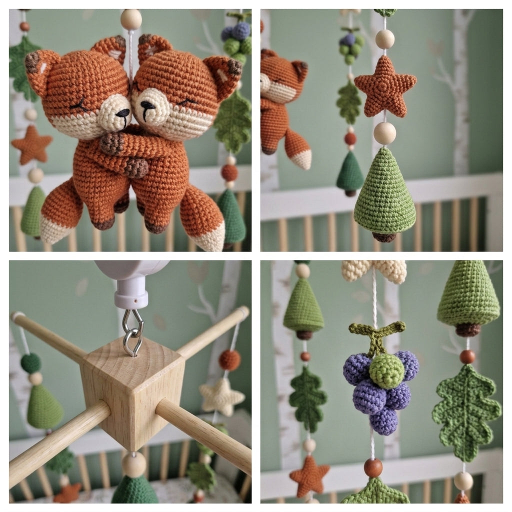 Cuddling Foxes Crochet Baby Mobile, Handmade Woodland Crib Hanging with Pine Trees, Oak Leaves and Berries