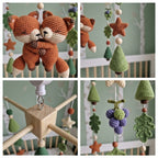Cuddling Foxes Crochet Baby Mobile, Handmade Woodland Crib Hanging with Pine Trees, Oak Leaves and Berries