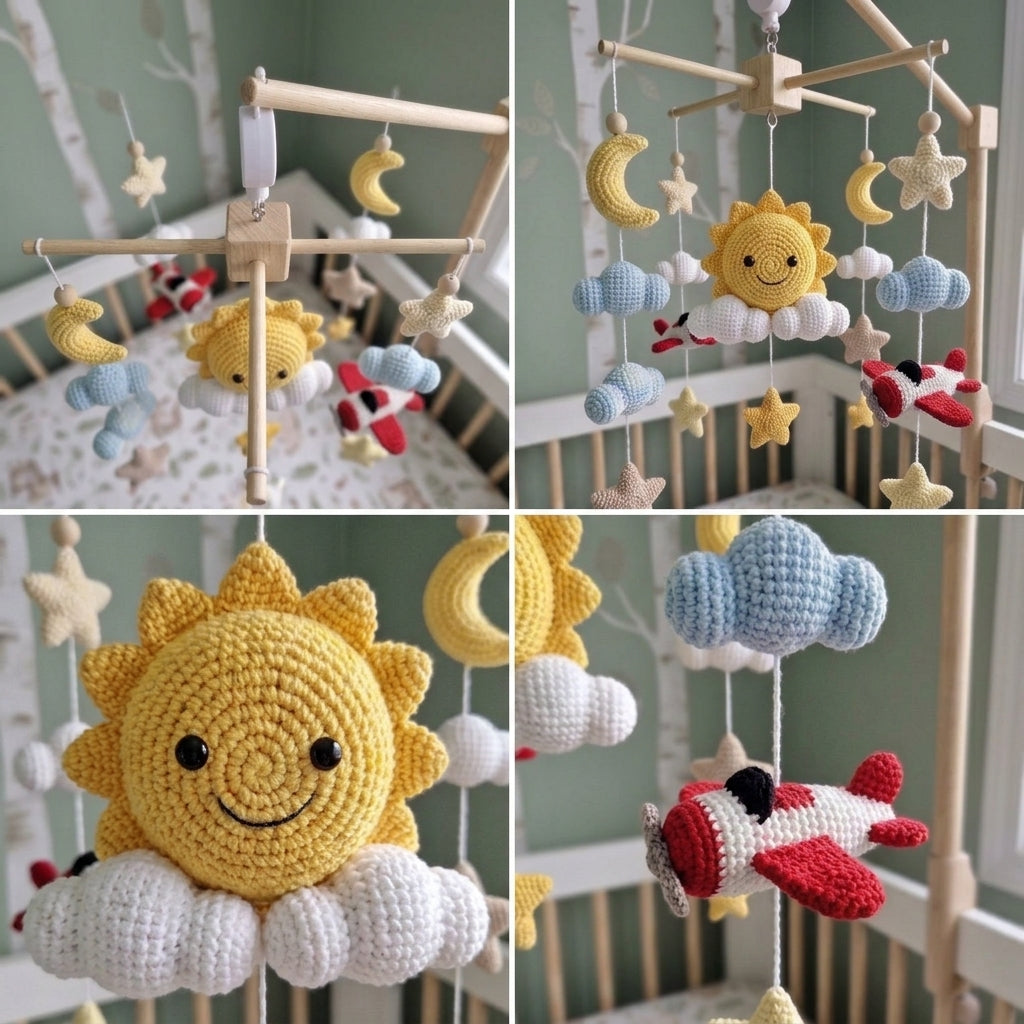 Skybound Adventure Crochet Baby Mobile, Handmade Airplane Crib Hanging with Smiling Sun, Moon, Clouds and Stars