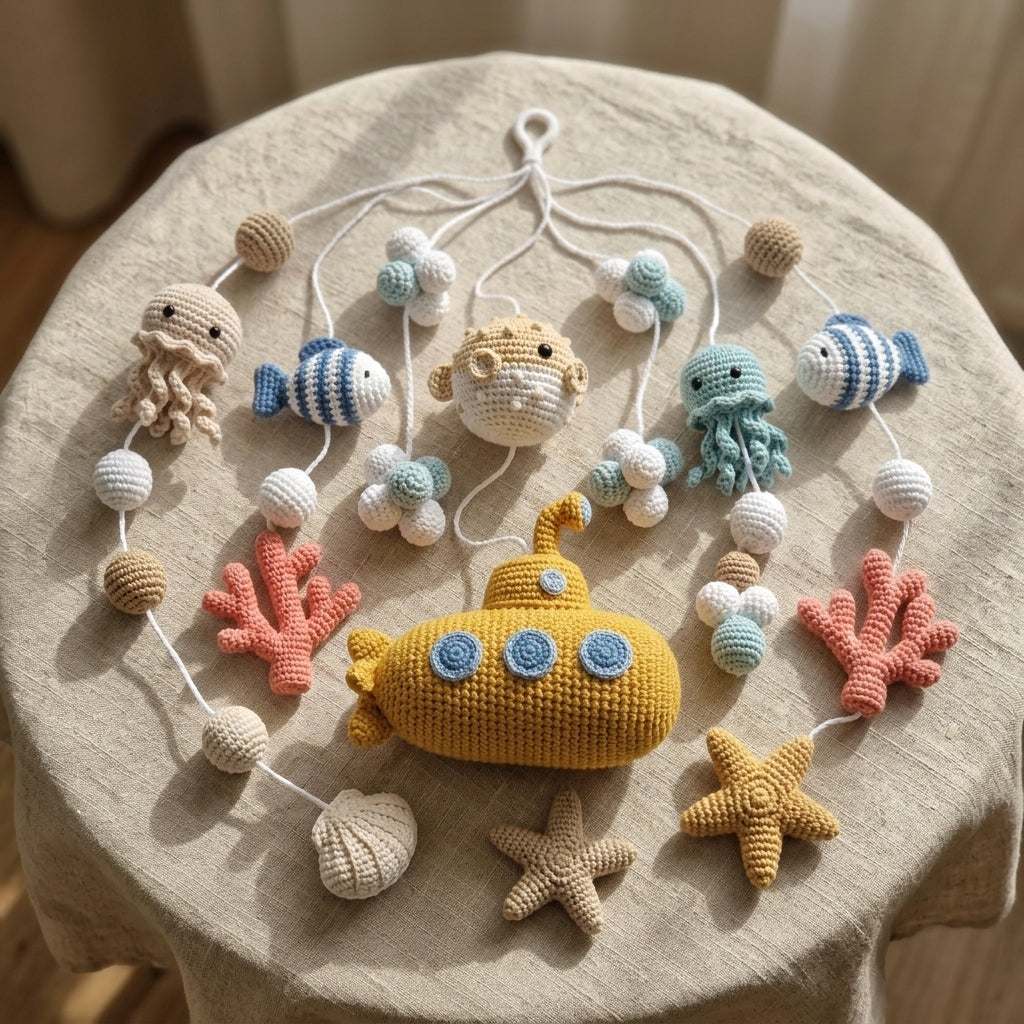 A crocheted baby mobile featuring an ocean theme, including a yellow submarine, octopus, fish, starfish, coral, and seashell charms, displayed on a beige fabric-covered round table.