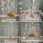 A four-panel collage showing a crocheted baby crib mobile from multiple angles: front close-up, high angle view, side profile view, and low-angle view. The mobile features knitted sea-themed toys including a yellow submarine, octopus, fish, starfish, coral, and shells hanging from a wooden crossbar, with a larger wooden mobile frame above the crib.