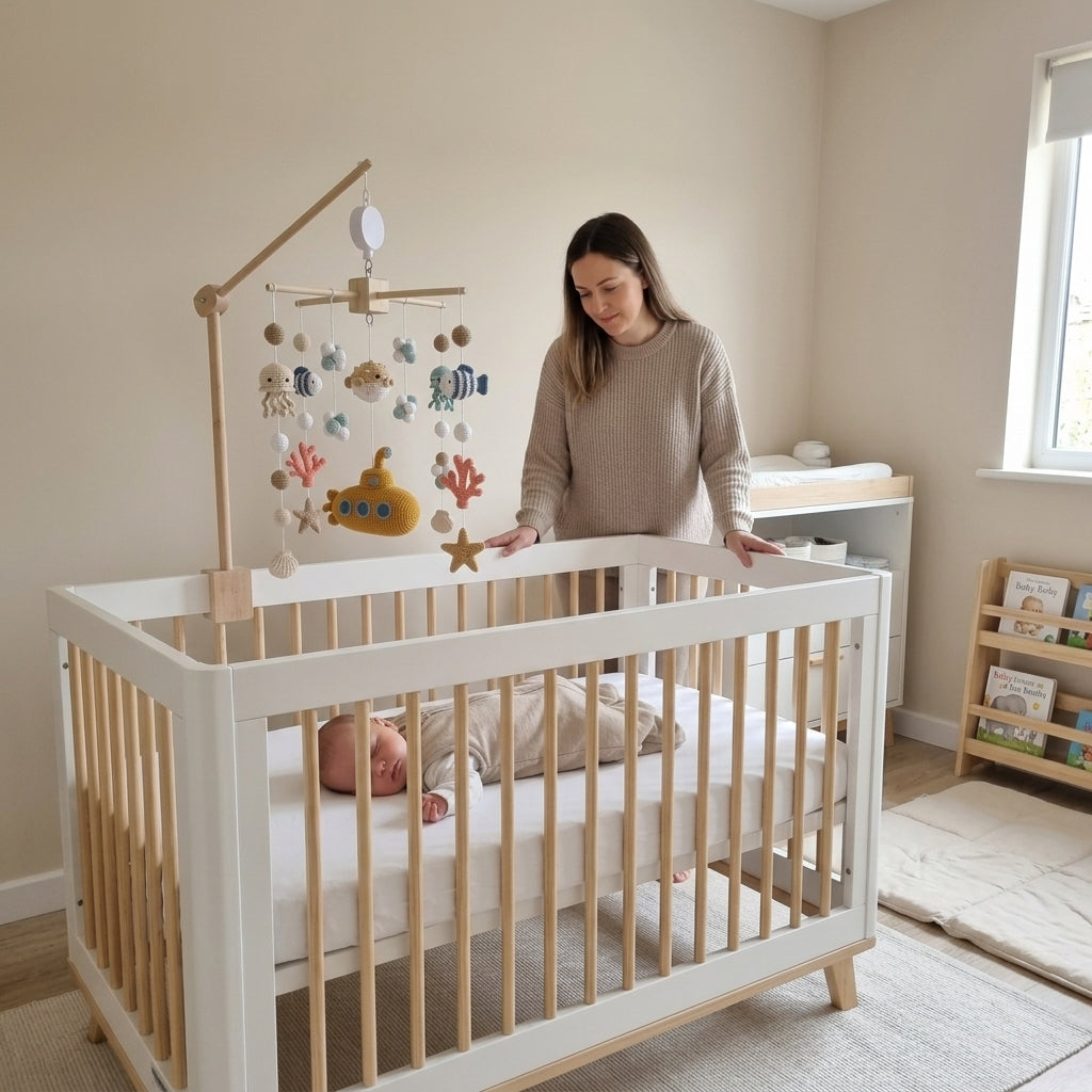 A woman stands beside a white and natural wood baby crib in a softly lit nursery, with a baby lying inside on a white mattress. The crib has a matching mobile with sea-themed hanging decorations, and the room has beige walls, a window, and a small bookshelf.