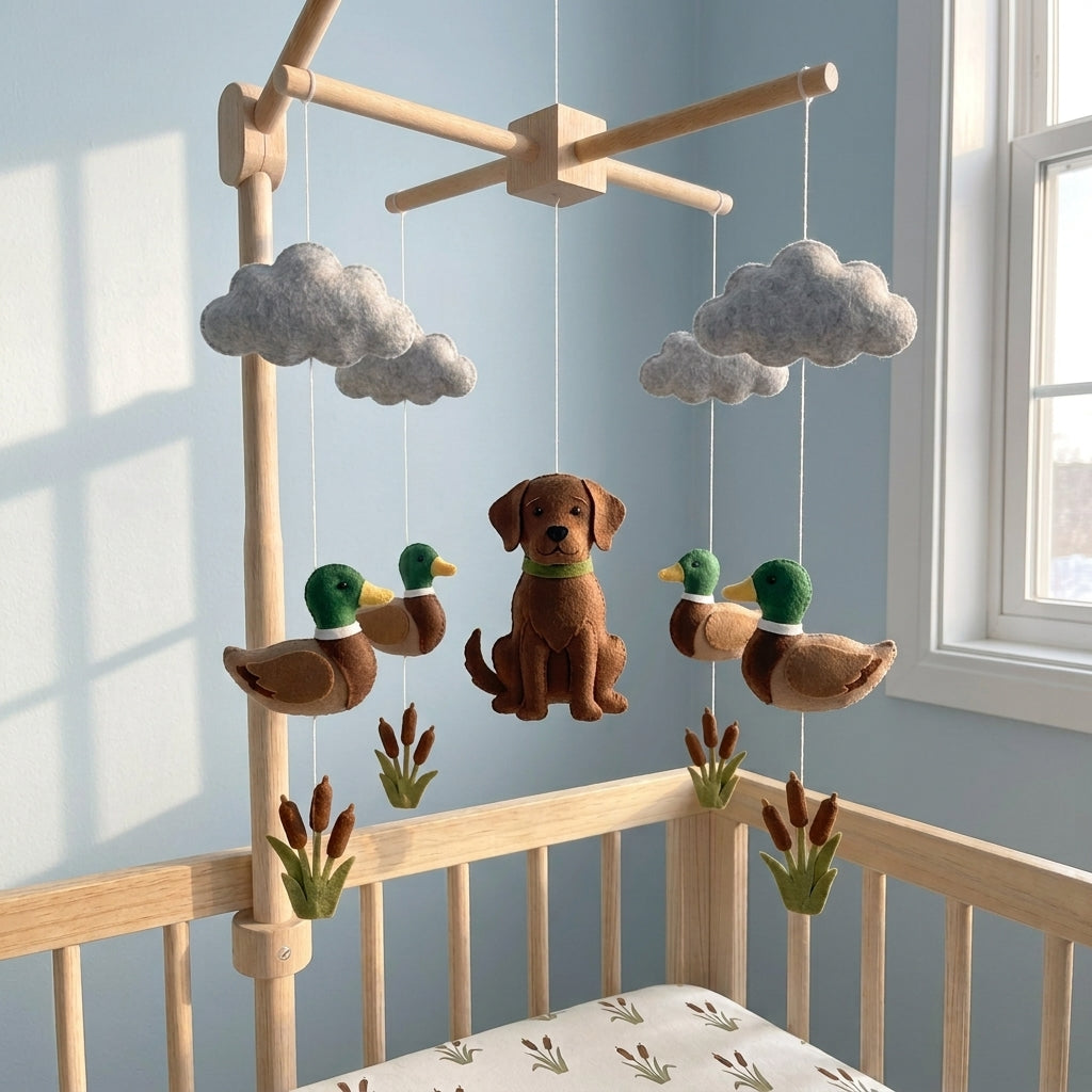 Felt Duck Hunting Baby Mobile, Custom Dog Nursery Crib Decor