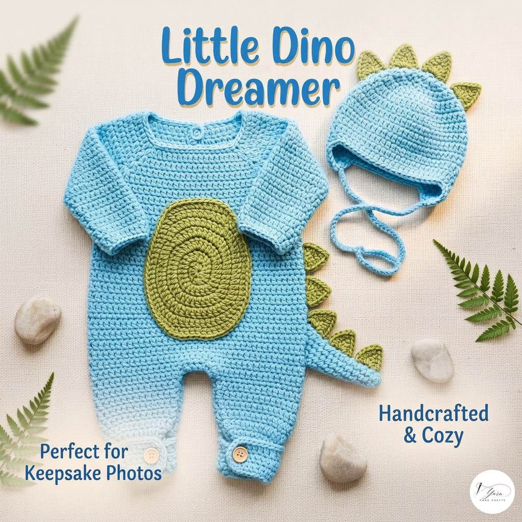 Crochet Dinosaur Baby Outfit, Blue Dino Romper and Bonnet Set, Newborn Photo Prop, Baby Halloween Costume, Baby Shower Gift