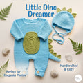 Crochet Dinosaur Baby Outfit, Blue Dino Romper and Bonnet Set, Newborn Photo Prop, Baby Halloween Costume, Baby Shower Gift