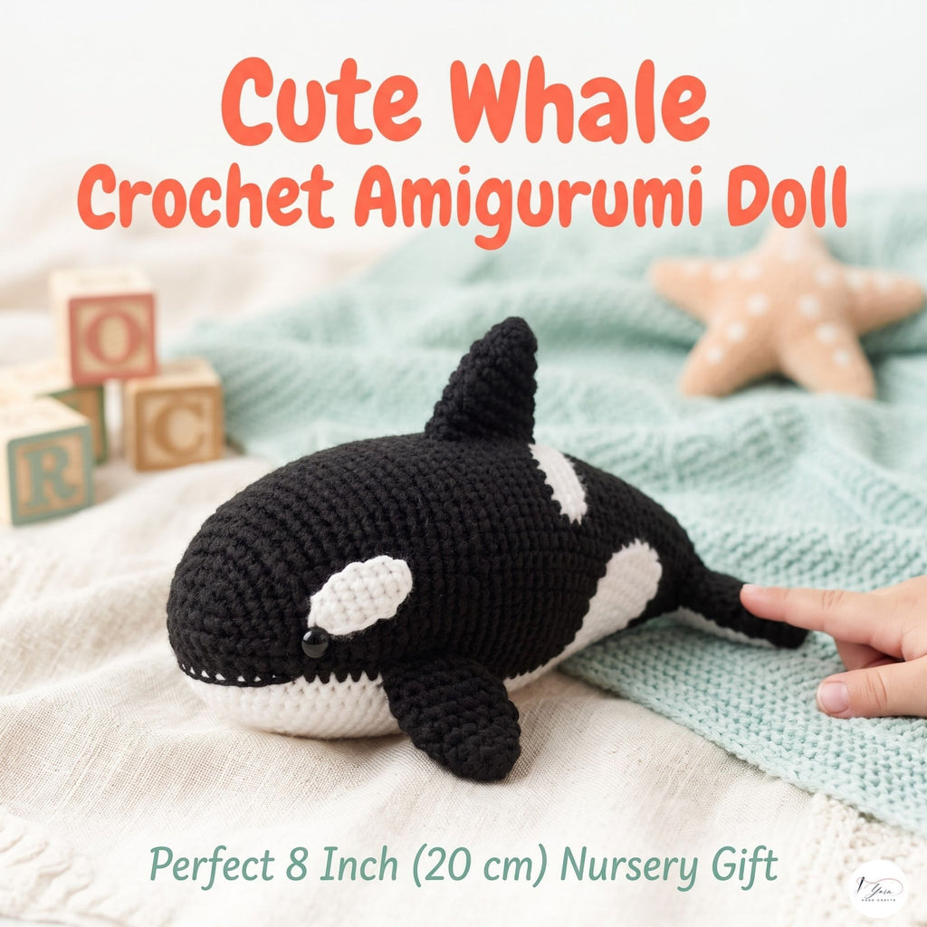 Handmade Orca whale crochet amigurumi plush doll with black and white body sitting on a blanket next to wooden alphabet blocks and a star pillow, with text reading Cute Whale Crochet Amigurumi Doll.