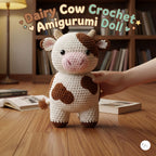 Handmade dairy cow crochet amigurumi plush doll with white body, brown patches, pink snout, and cute horns standing on a wooden desk next to books, with text reading Dairy Cow Crochet Amigurumi Doll.