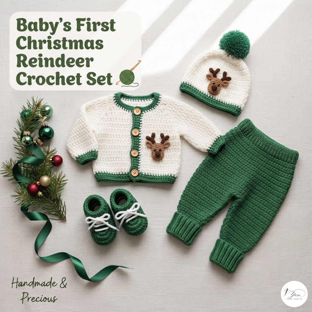 Crochet Reindeer Baby Outfit Set, Cardigan Pants Hat and Booties, Newborn Christmas Photo Prop, Coming Home Outfit, Baby Shower Gift