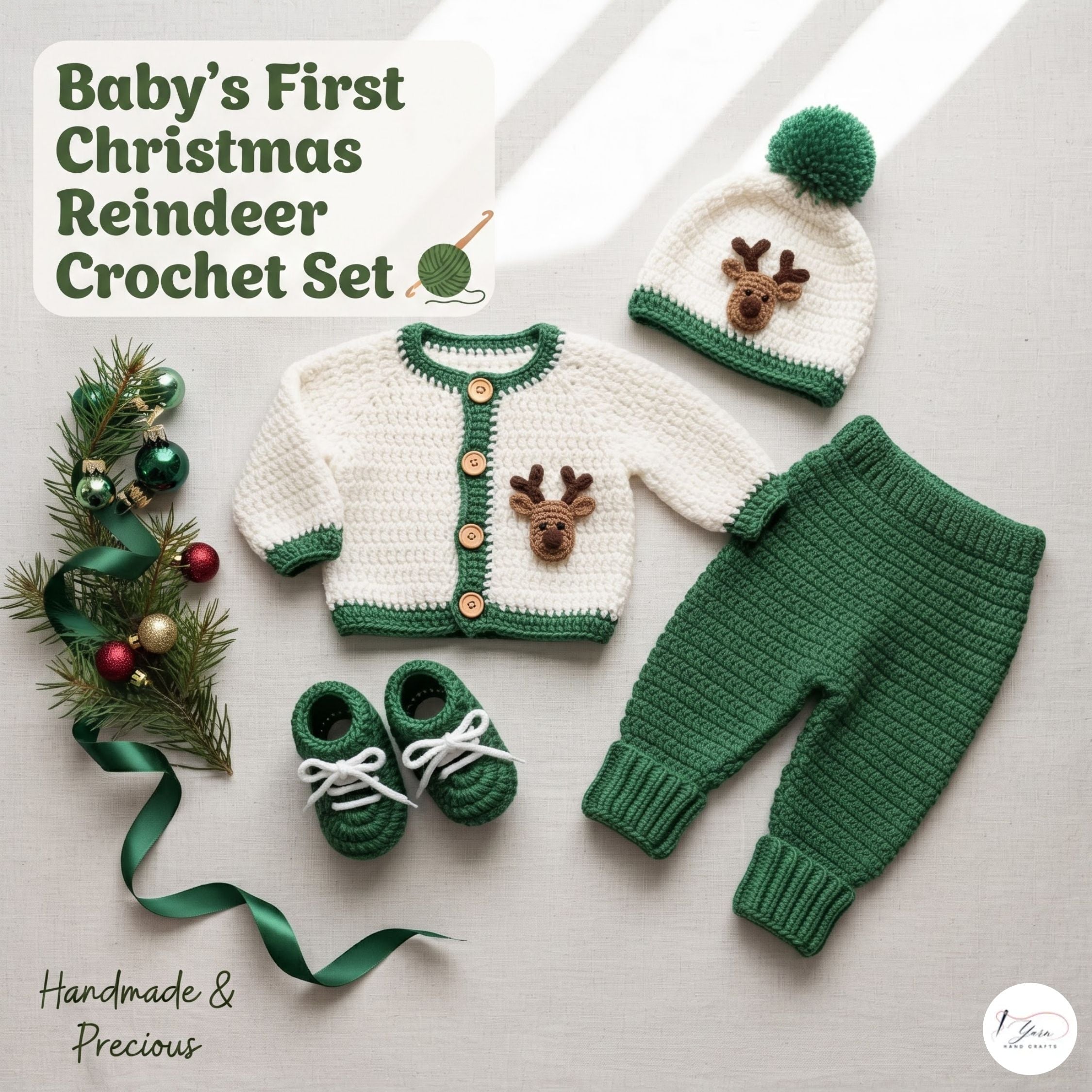 Crochet Reindeer Baby Outfit Set, Cardigan Pants Hat and Booties, Newborn Christmas Photo Prop, Coming Home Outfit, Baby Shower Gift