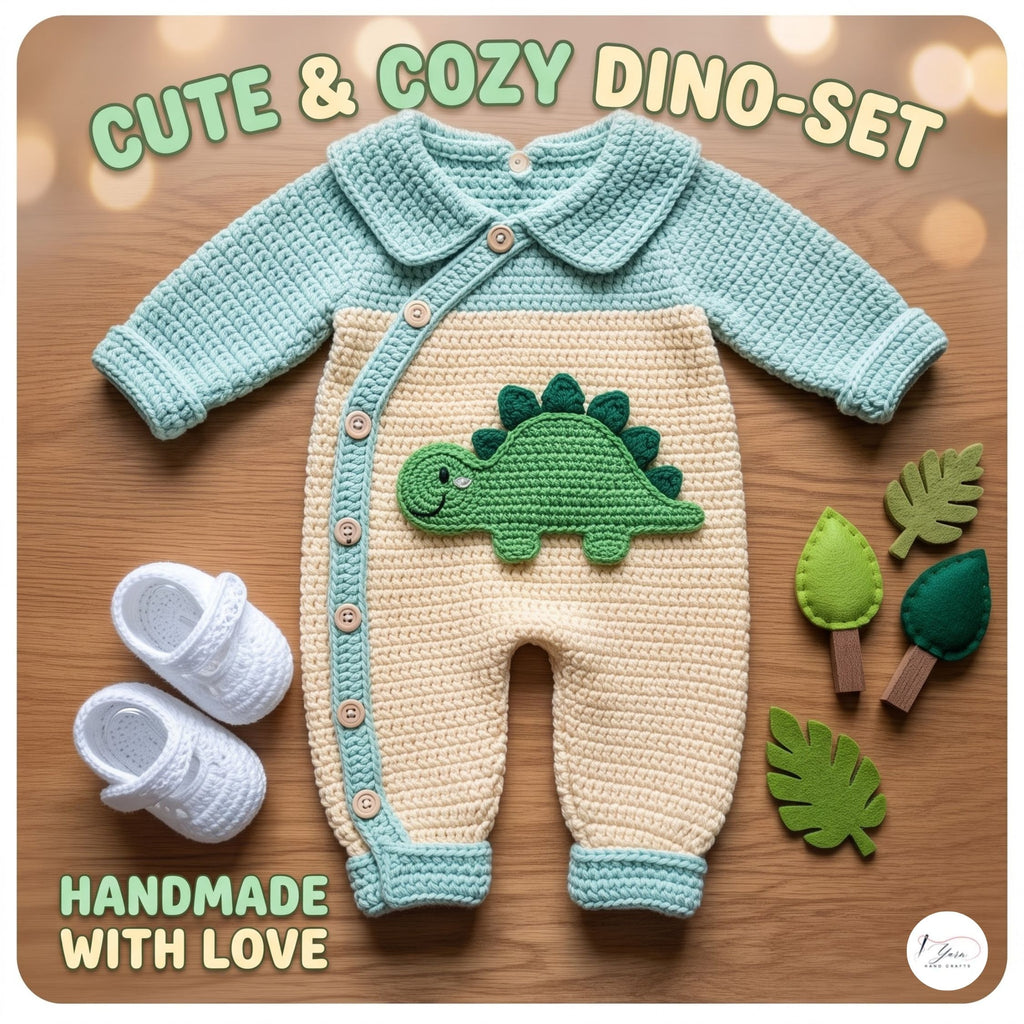 Crochet Dinosaur Baby Romper Set, Mint Green Stegosaurus Outfit with Booties, Newborn Photo Prop, Coming Home Outfit, Baby Shower Gift