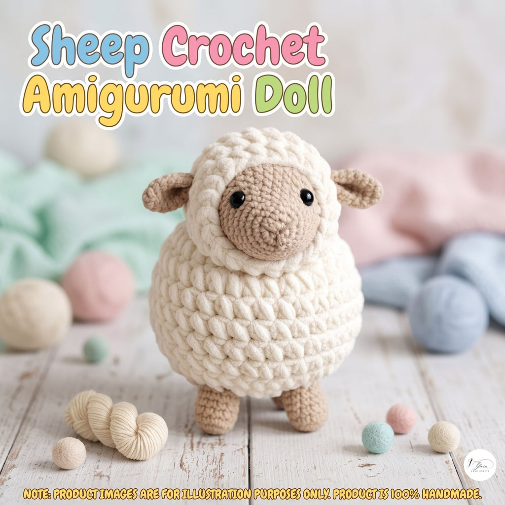 Handmade Sheep crochet amigurumi plush doll with textured off-white wool standing on a light wooden surface surrounded by yarn balls, with text reading Sheep Crochet Amigurumi Doll.