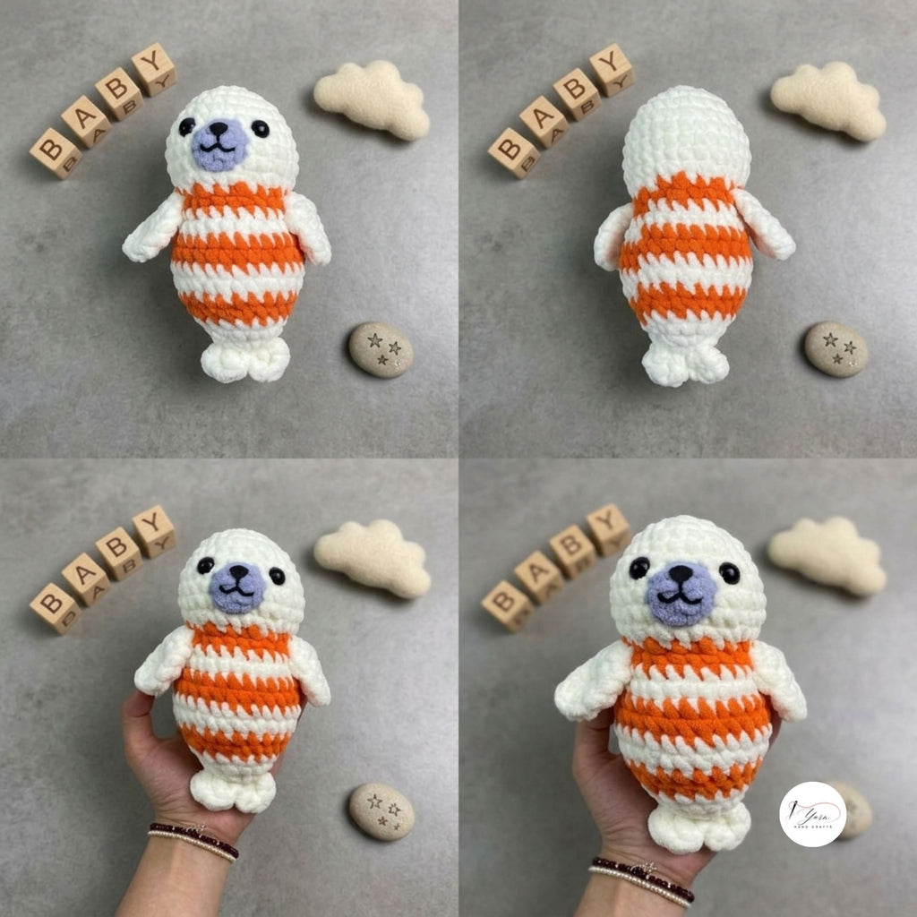 Handmade Crochet Seal Plush, Orange Striped Baby Seal Stuffed Animal, Soft Ocean Animal Toy, Seal Lover Gift, Nursery Decor