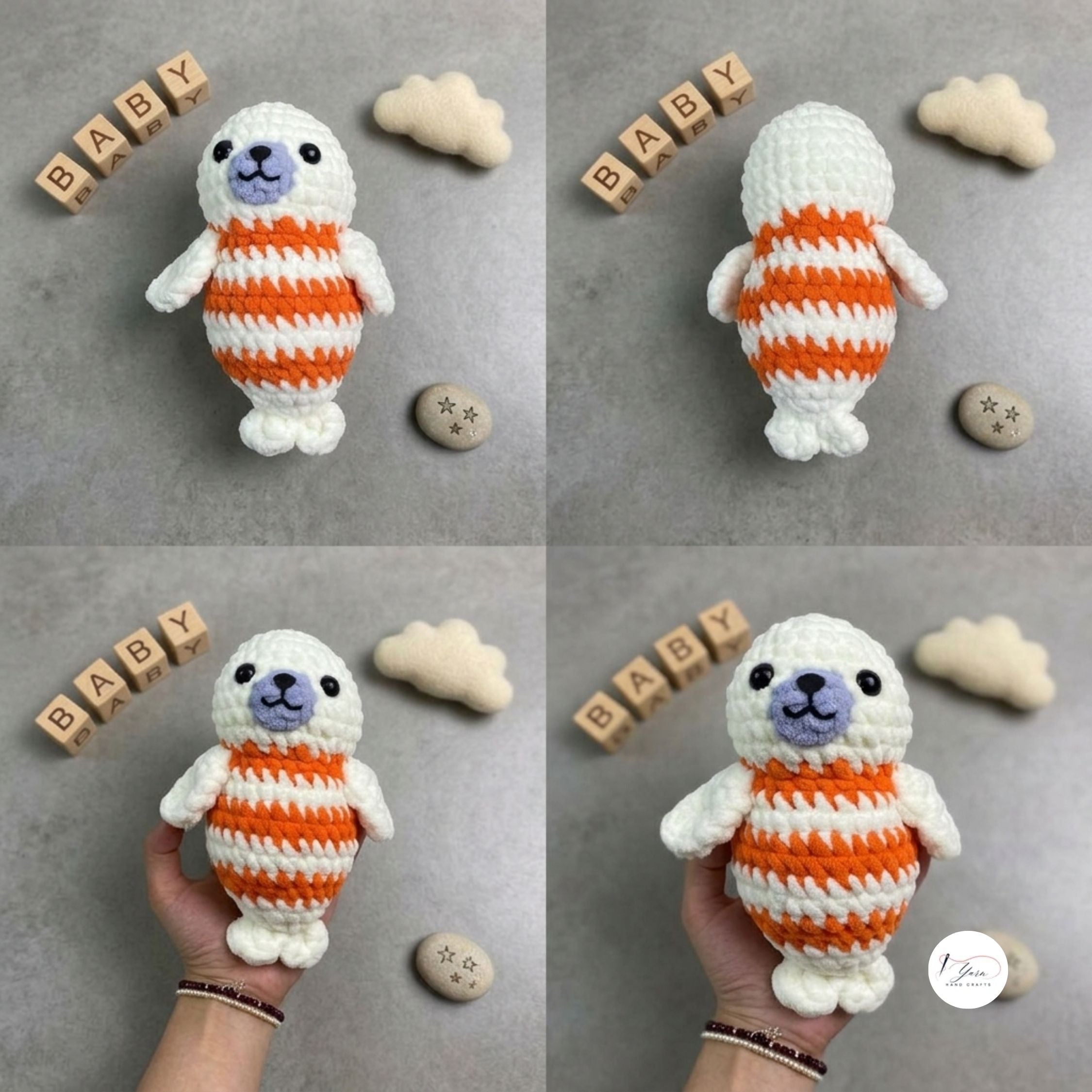 Handmade Crochet Seal Plush, Orange Striped Baby Seal Stuffed Animal, Soft Ocean Animal Toy, Seal Lover Gift, Nursery Decor
