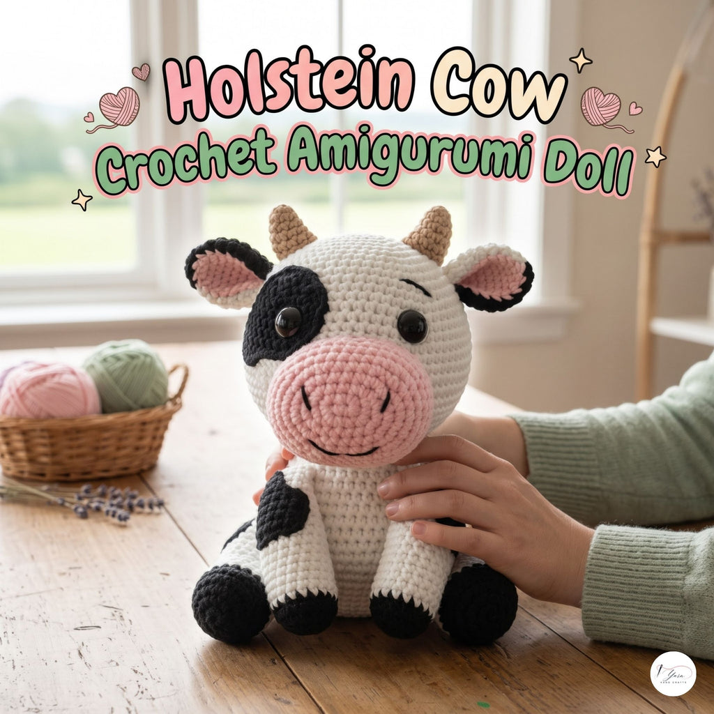 A crocheted cow amigurumi doll sits on a wooden table in a bright room, with a person's hand resting on its back. The text 'Holstein Cow Crochet Amigurumi Doll' appears at the top, with yarn balls and a basket visible in the background.