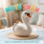 Handmade white Mute Swan crochet amigurumi doll with an orange beak and black eye markings, resting on a woven mat in a nursery setting.