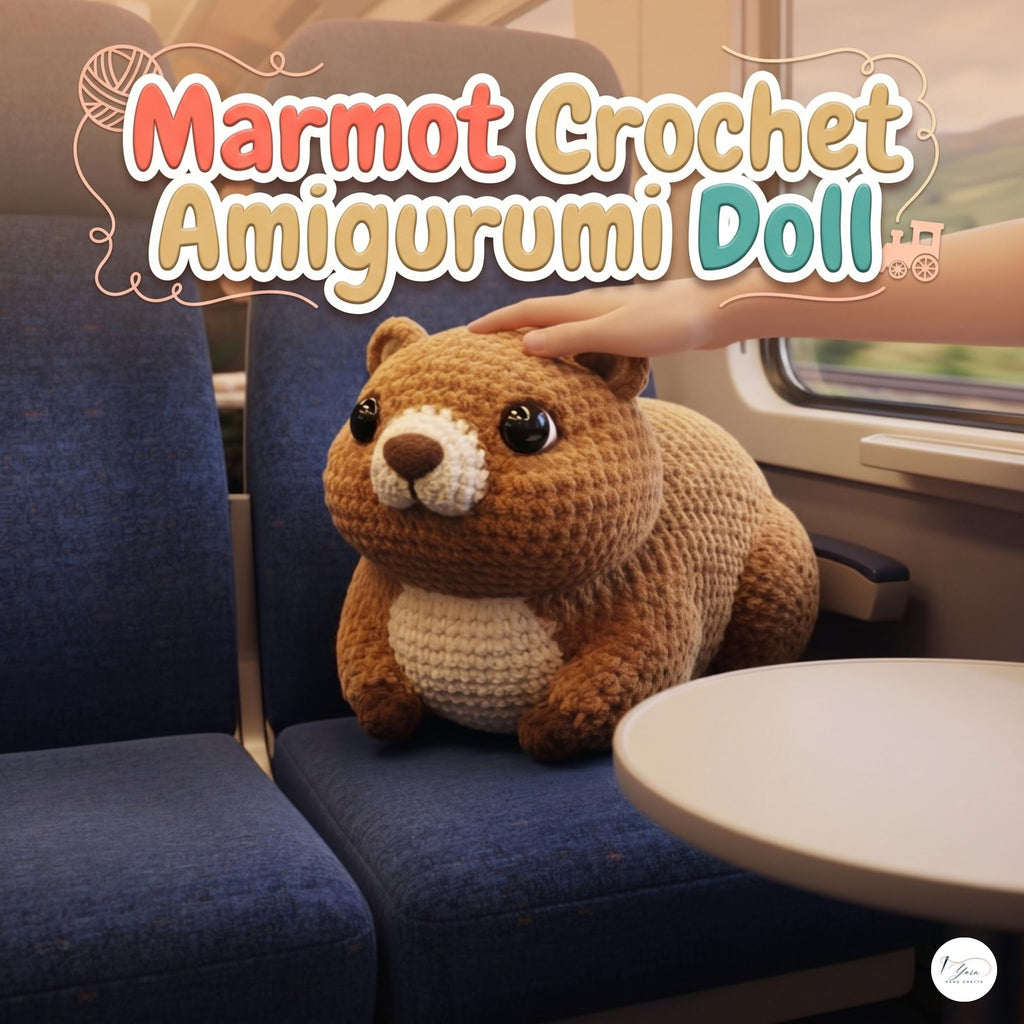A crocheted marmot doll sits on a blue train seat with a human hand resting on its head. Large stylized text at the top reads 'Marmot Crochet Amigurumi Doll'.