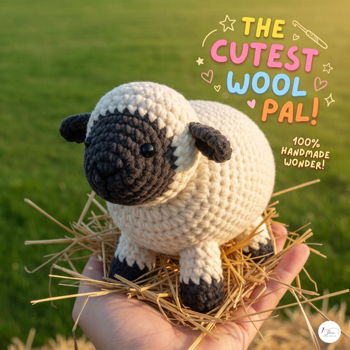 Handmade Valais Blacknose Sheep crochet amigurumi doll with a fluffy white fleece body, black face, black ears, and dark legs resting on straw held in a hand outdoors.