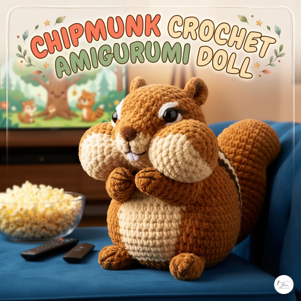 A crocheted squirrel plush doll with a brown body, cream belly, and large cream cheeks sits on a blue couch in a living-room setting, with popcorn and remotes nearby. A decorative title card at the top reads “CHIPMUNK CROCHET AMIGURUMI DOLL.