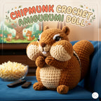 A crocheted squirrel plush doll with a brown body, cream belly, and large cream cheeks sits on a blue couch in a living-room setting, with popcorn and remotes nearby. A decorative title card at the top reads “CHIPMUNK CROCHET AMIGURUMI DOLL.