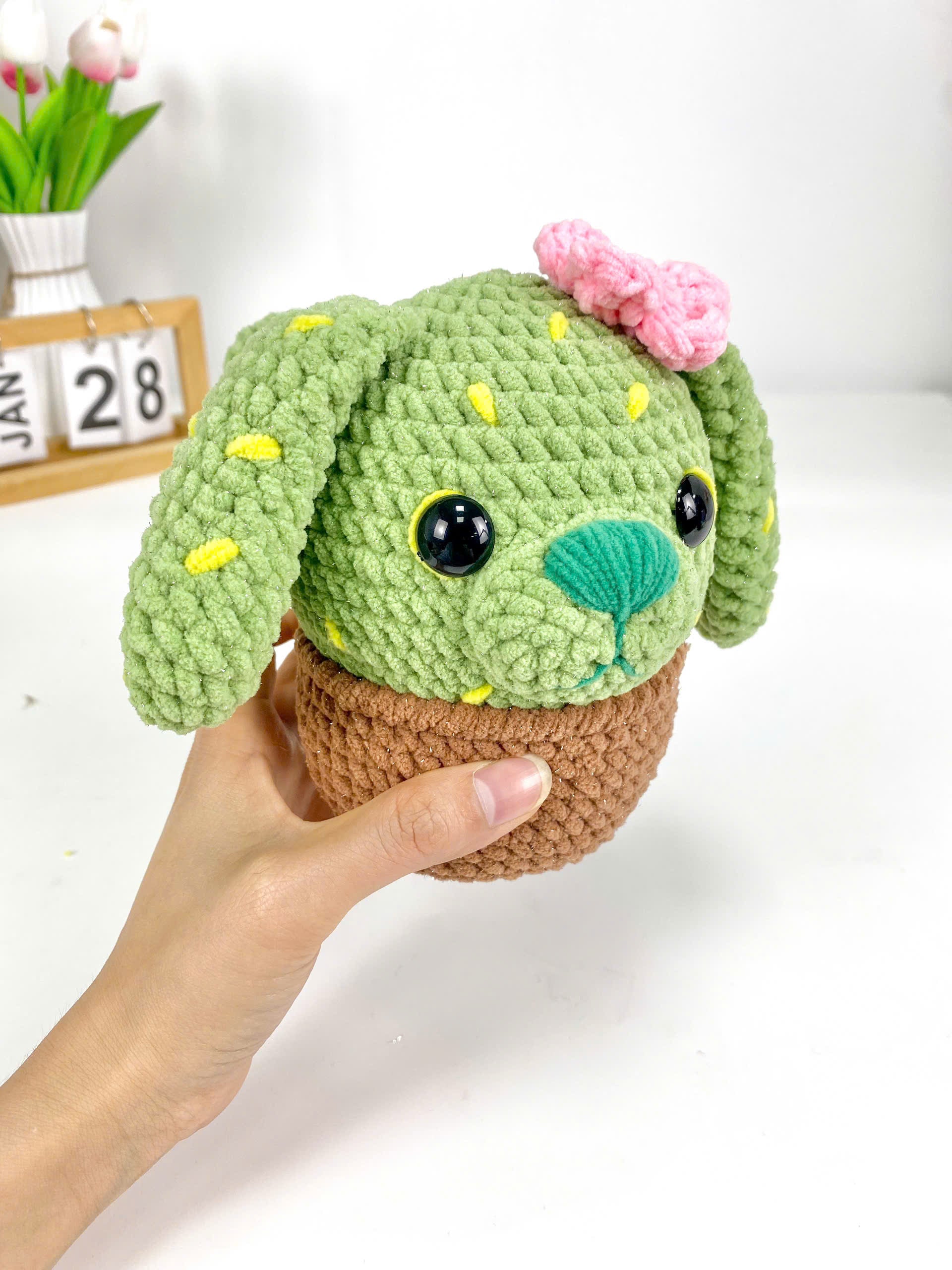Green Cactus Dog Crochet Pattern, Amigurumi Cactus Dog Plush Toy, Crochet Dog with Flowers