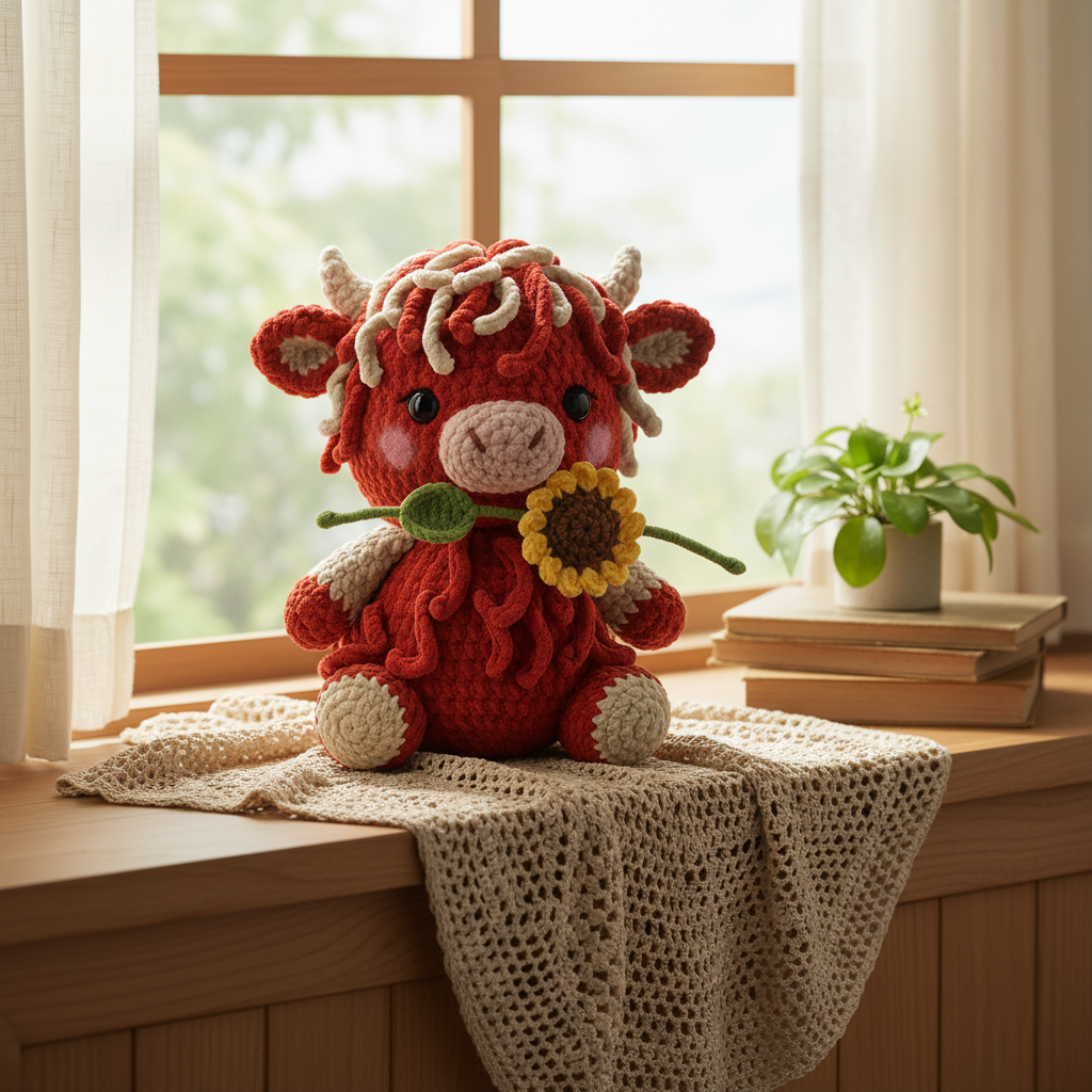 Highland Cow Crochet Pattern PDF, Cute Cow Amigurumi with Sunflower, Beginner Farm Animal Crochet Pattern